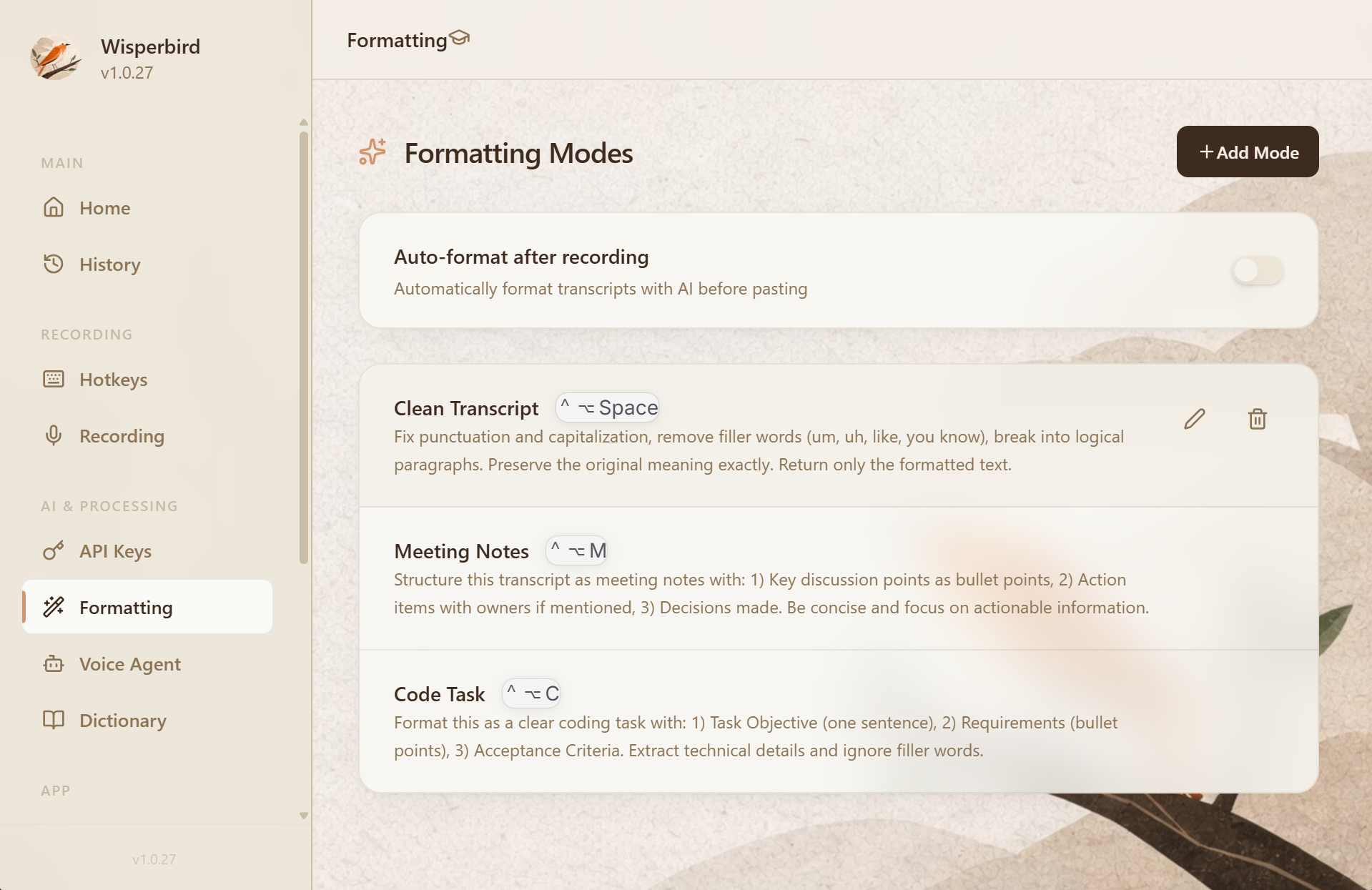 Wisperbird desktop app showing Formatting Modes, automatic formatting, and custom clean transcript, meeting notes, and code task modes.